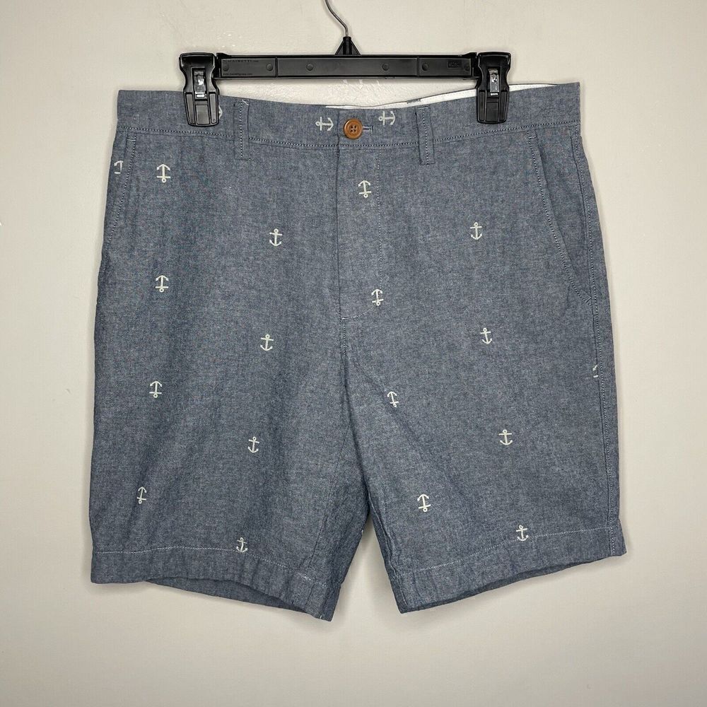 J CREW Shorts Mens 32 x 9 Blue Chambray Gramercy Chino Nautical Print Cotton